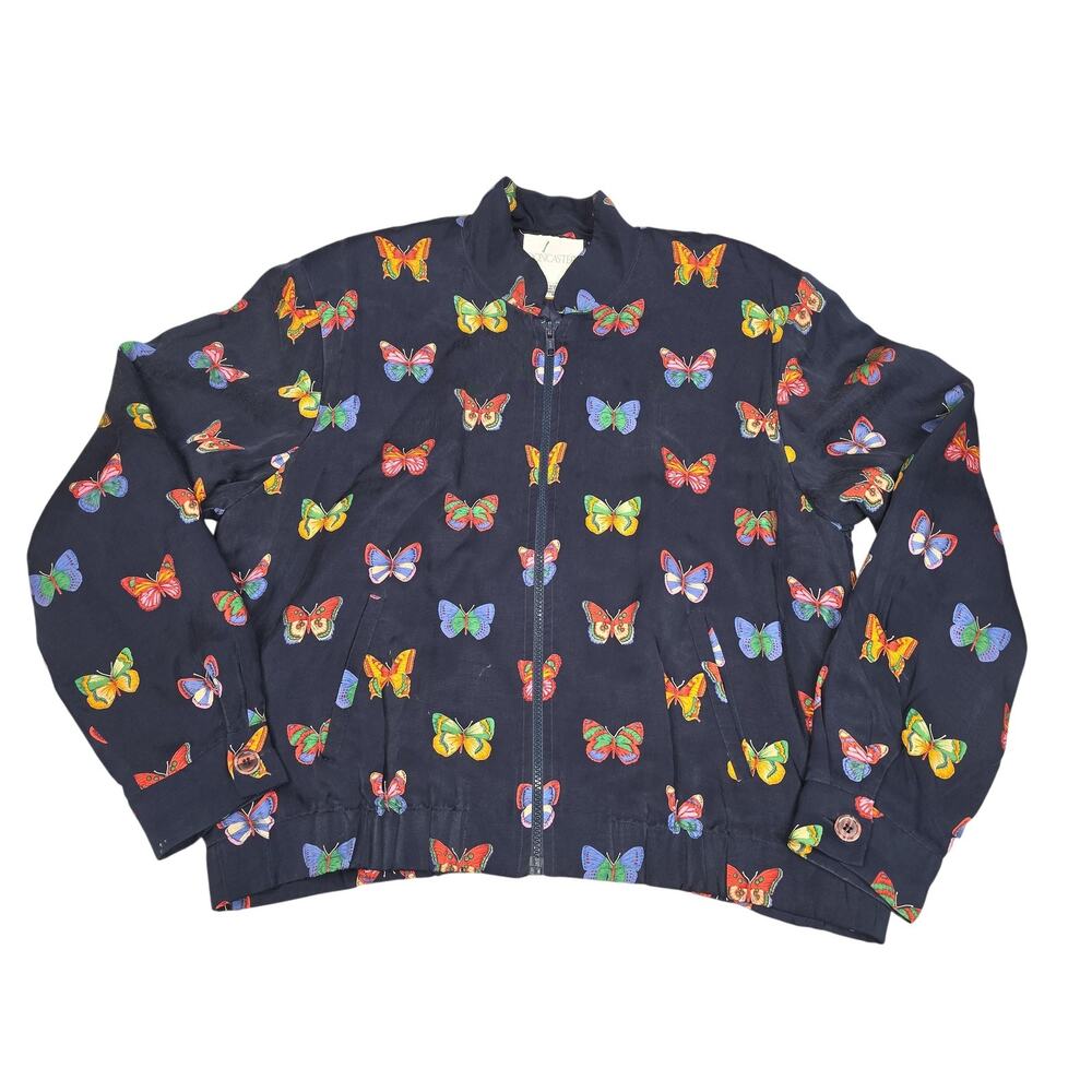 Vintage Doncaster Jacket Womens 10 Navy Butterfly Print Rayon Zip Front Bomber